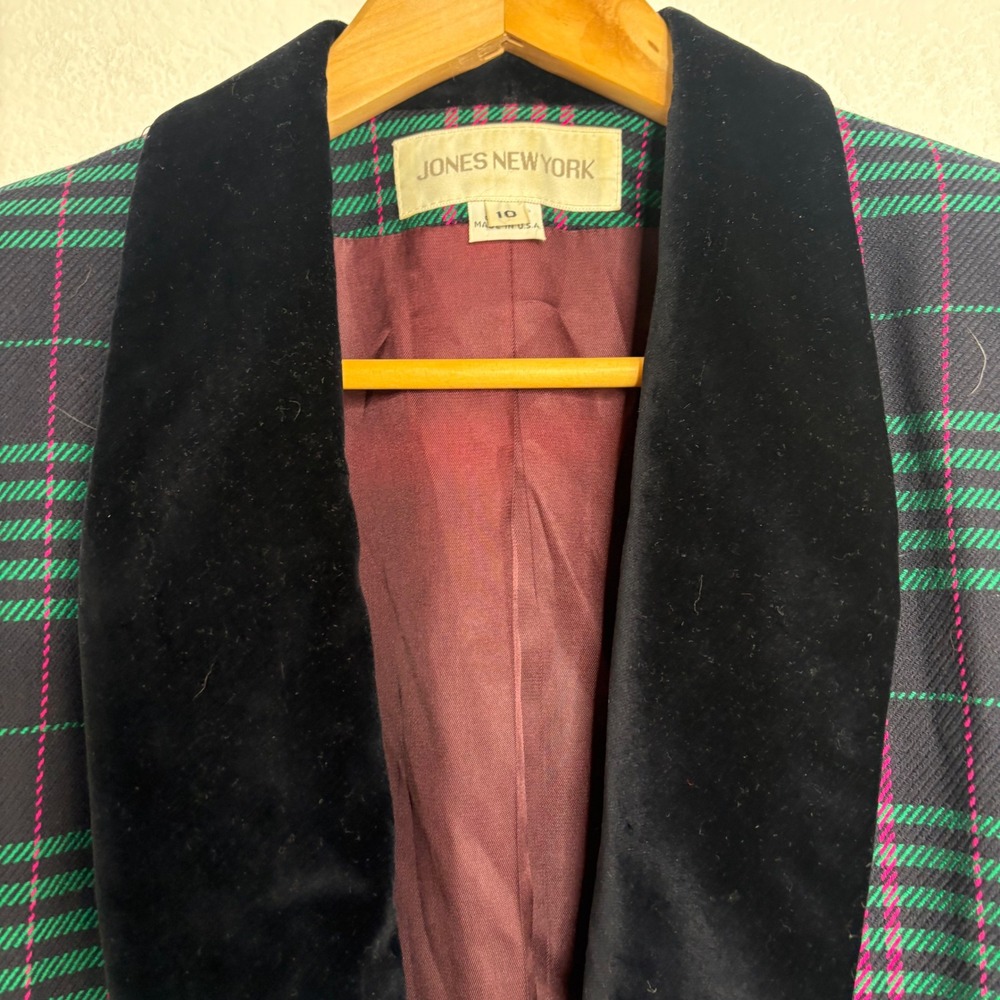 Jones New York Vintage Plaid Blazer Velvet Shawl Collar Size 10 - Picture 3 of 11
